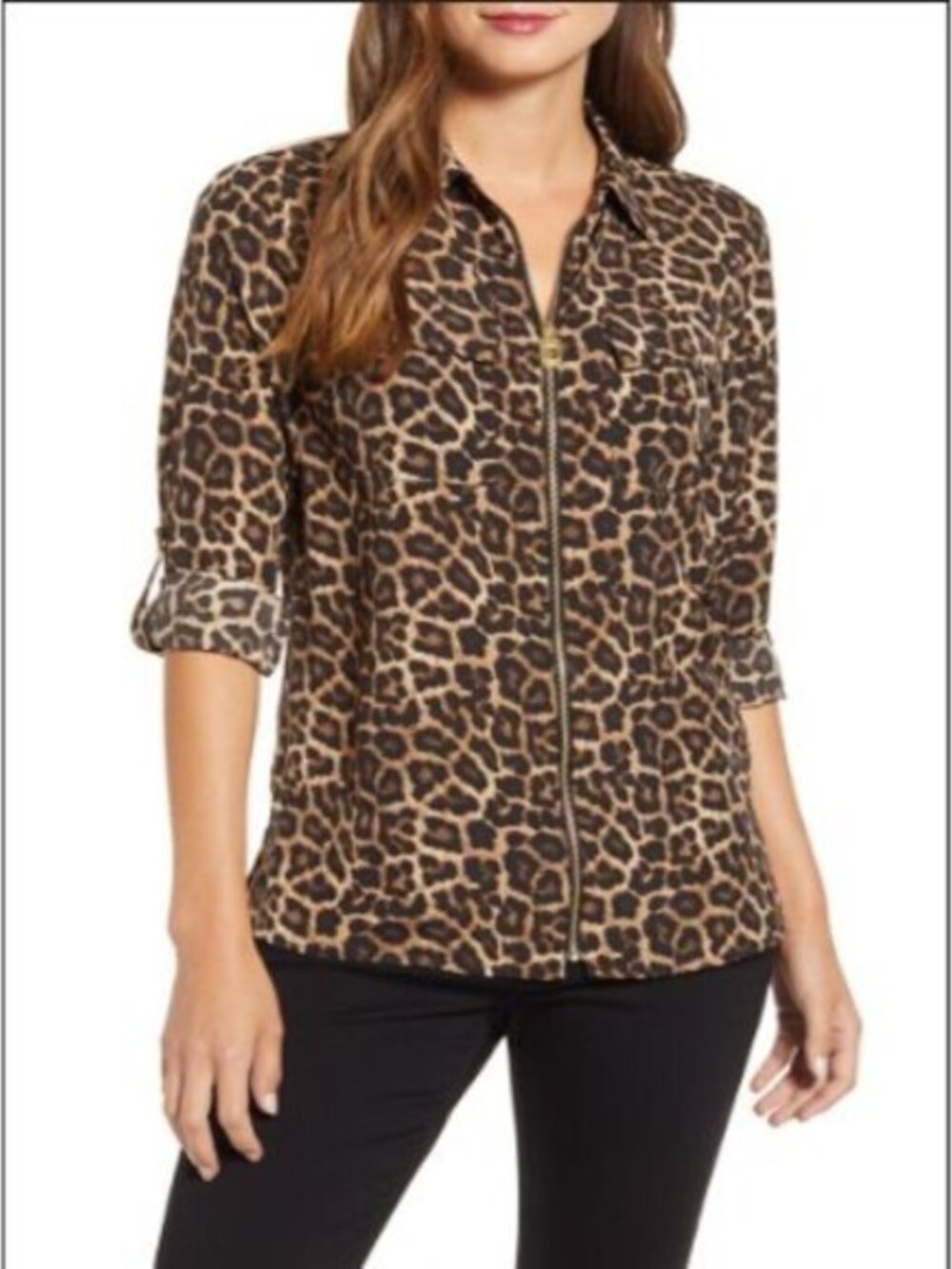Michael Michael Kors XL top Leopard Print Dog Tag Zip Front Shirt animal print
